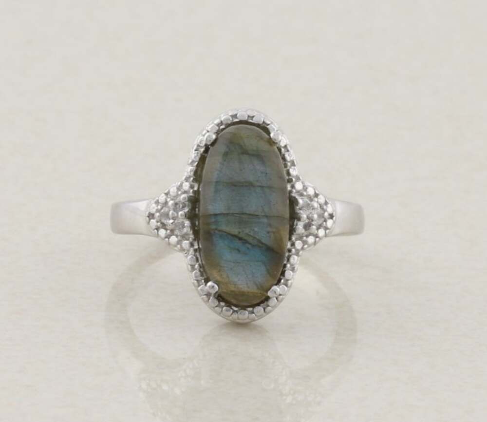 Sterling Silver Labradorite & White Zircon Ring Size 9 1/4